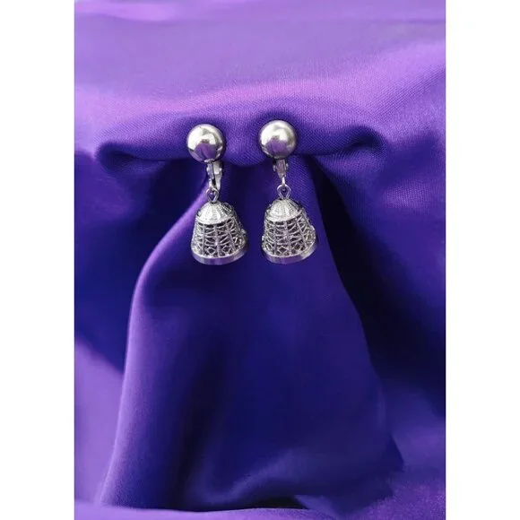 Vintage Judy Lee Silver Tone Clip On Bell Shape Earrings Faux Pearl Filigree - Picture 1 of 4